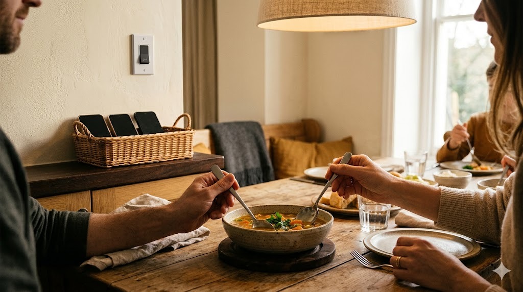Lifestyle shot of a family dinner with phones in a basket and the switch off