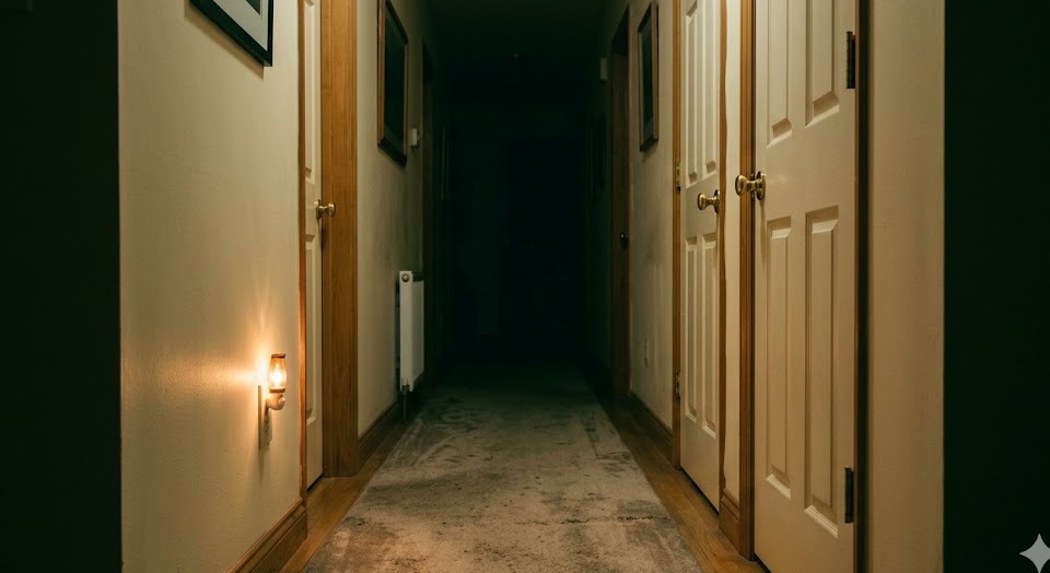 A quiet hallway at night, bedroom doors closed, nightlight glowing